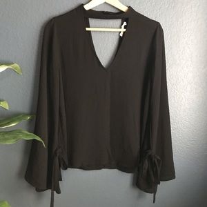 Lush Black Choker Blouse with Tie Sleeves